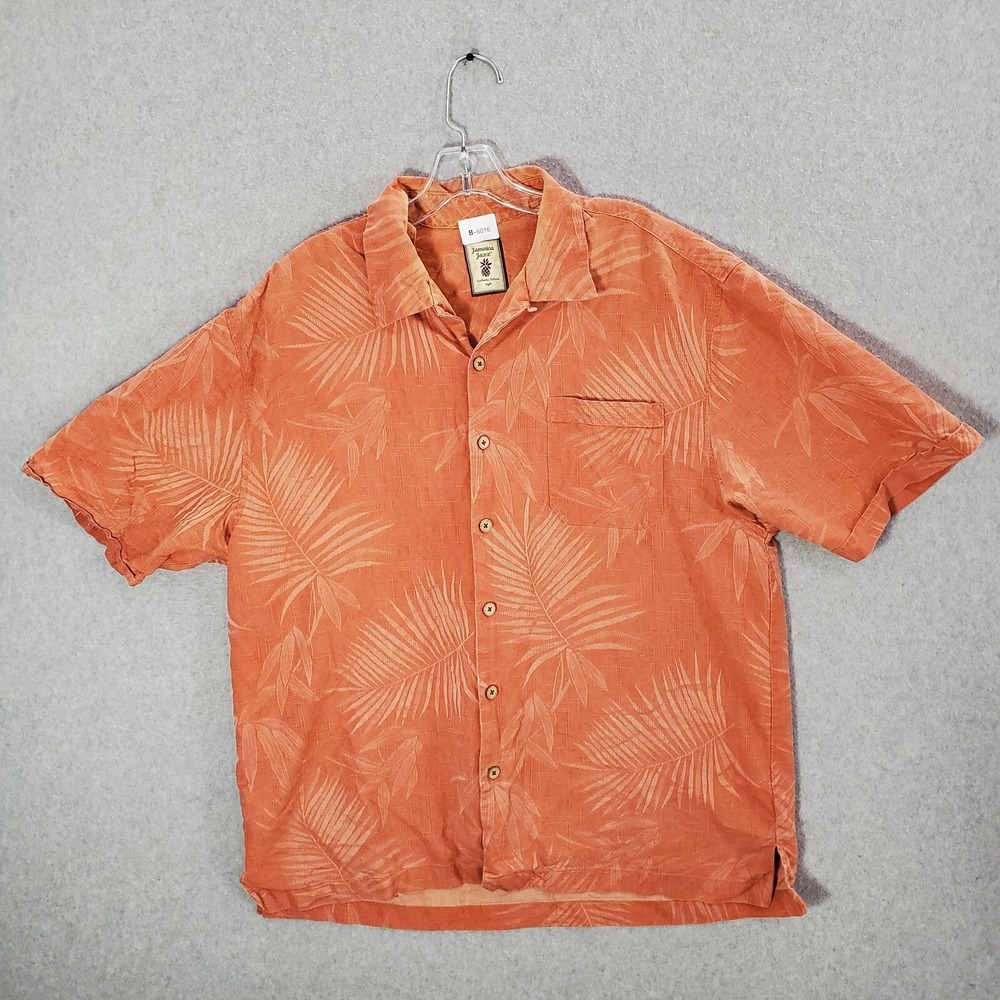 Jamaica Jaxx Men Button Up Shirt Large Orange 100% Silk Leaf Jacquard Hawaiian